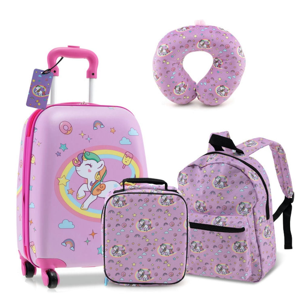 Topcobe 5 Piece Kids Luggage Set with Backpack Neck Pillow Name Tag Lunch Bag, Kids Rolling Luggage-Pink