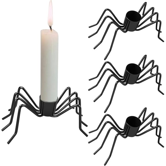 4 Pack Spider Design Black Metal Taper Candle Holders, Fits 3/4 Inch Candles, Halloween Spooky Tabletop Decor, Ideal , Costume Party, Gothic Indoor Holiday Decoration