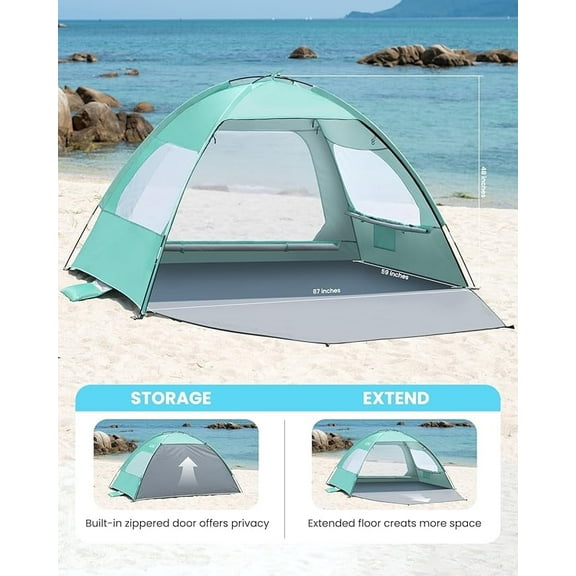 OutdoorMaster Beach Tent for 3 Person - Easy Setup Sun Shade Shelter, Portable Beach Shade Sun Canopy with UPF 50  UV Protection, Removable Skylight Family Size