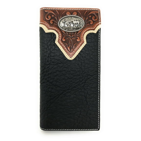 Western Tooled Genuine Leather Praying Cow Boy Men's Long Bifold Wallet in 2 colors