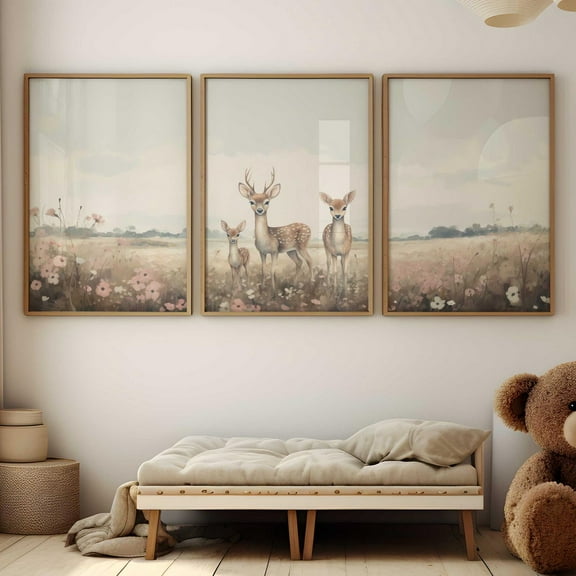 UNFFRAMED Deer Nursery Forest Animal Decor, Set Of 3, Deer Family Of Three, Above The Bed Nursery, Wildflower Field Art, Girl Art, Modern Wall Decor Set 3 Prints 8x12