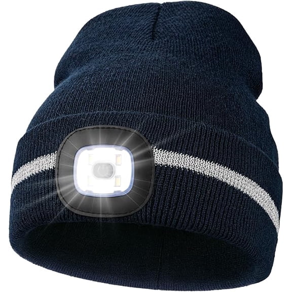 Reflective Stripe LED Beanie Safety High Visibility Winter Hat with Light for Outdoor Work Sports Gifts for Men Dad - Navy blue