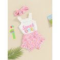thumbnail image 3 of Bslissey Baby Girls Shorts Sets Letter Print Frills Sleeveless Sling Romper + Candy Bar Print Shorts + Headband 3M 6M 12M 18M Newborn Infant Cute Summer 3Pcs Outfits, 3 of 8