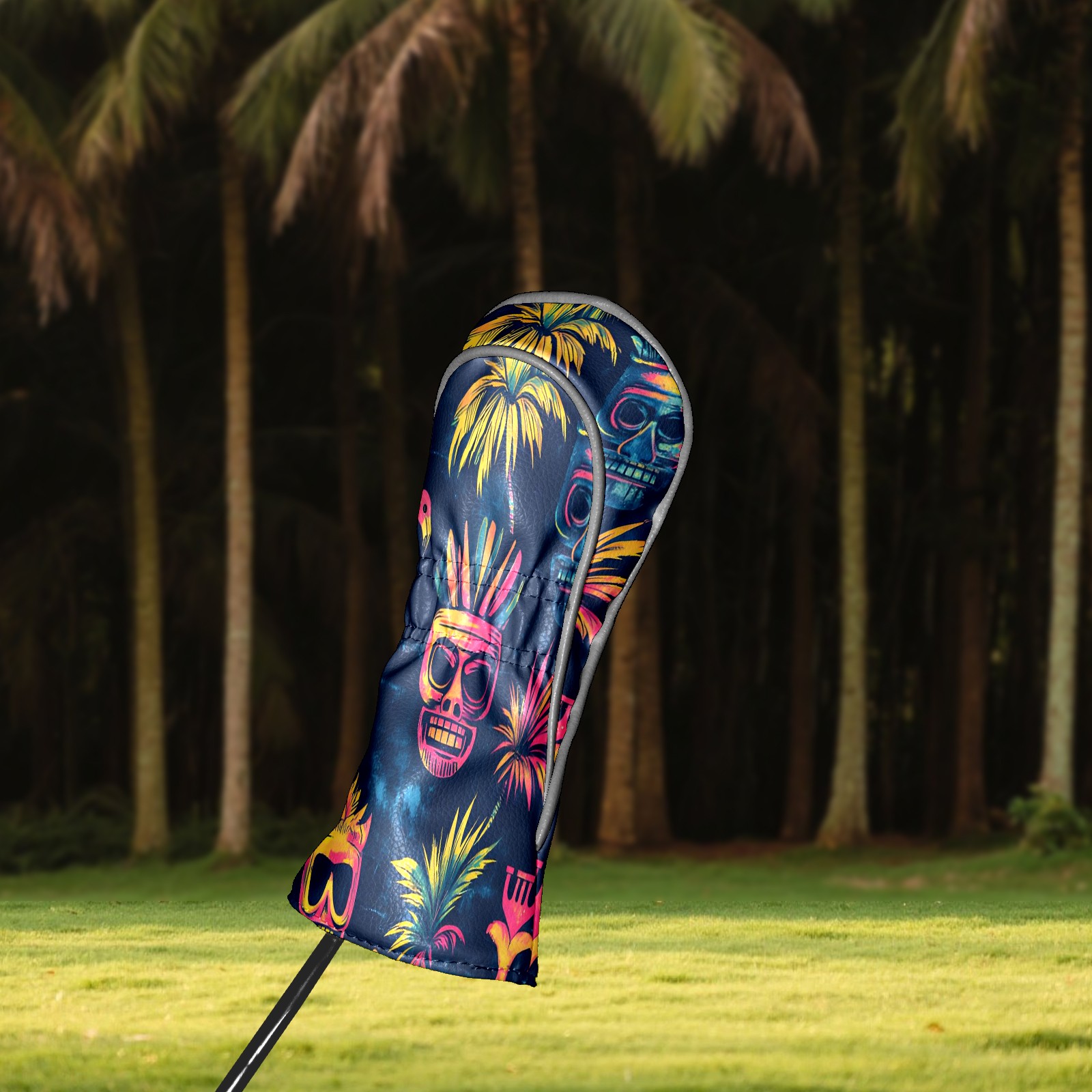 Golf Club Covers, Multicolor Tiki Skulls Premium PU Leather Driver Hybrid Putter Head Covers with Velvet Lining, Waterproof Golf Gifts for Men Women