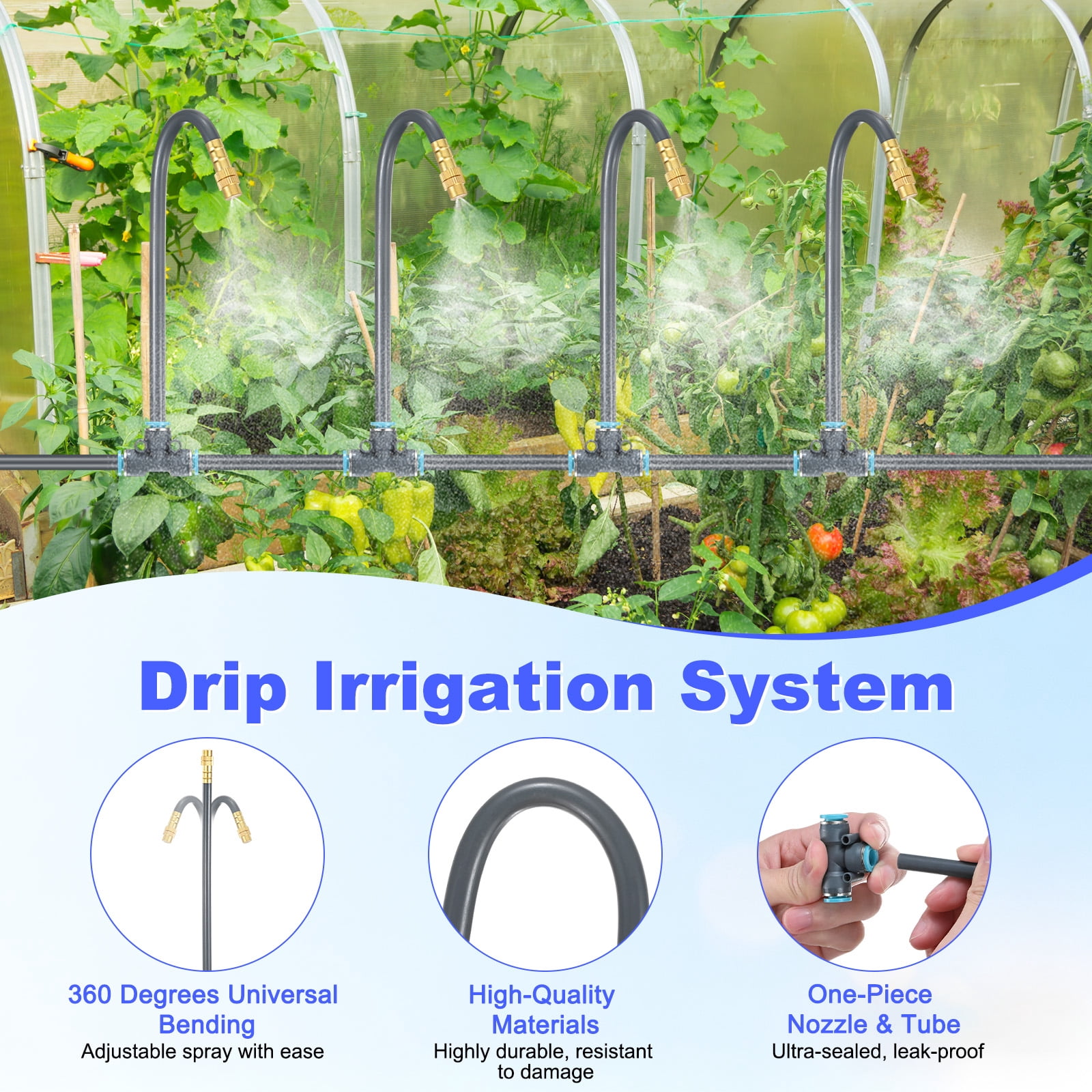Uxcell 1-Set Drip Irrigation System, 98Ft 1/4" Hose Garden Watering Misting System with 16pcs 360° Adjustable Copper Nozzles