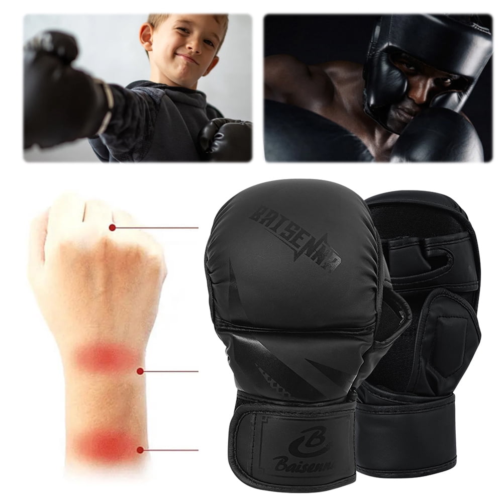 Half Finger Boxing Gloves Thickened Heavy Punching Bag Gloves Exercise Training PU Leather Sponge Gym Mitts Gloves(Children Black)