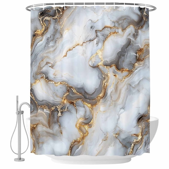 Marble White Yellow Shower Curtain Set - Extra Long 72" x 96" Washable Bathtub Curtain with 12 Hooks, Modern Art Ink Painting Waterproof Fabric Stall Shower Curtains for Bathroom/Bathtub Décor