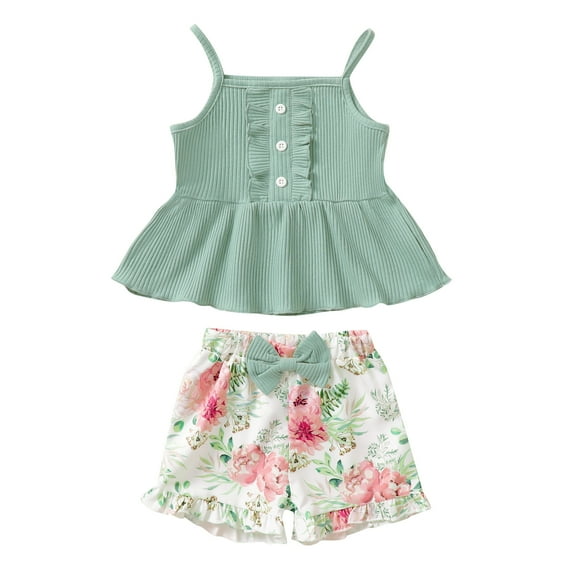 Kucnuzki Infant Baby Girls Summer Outfits 12-18 Months Halter Sleeveless Tank Top Ruffle Knit Top Floral Shorts Sets 2pcs Green