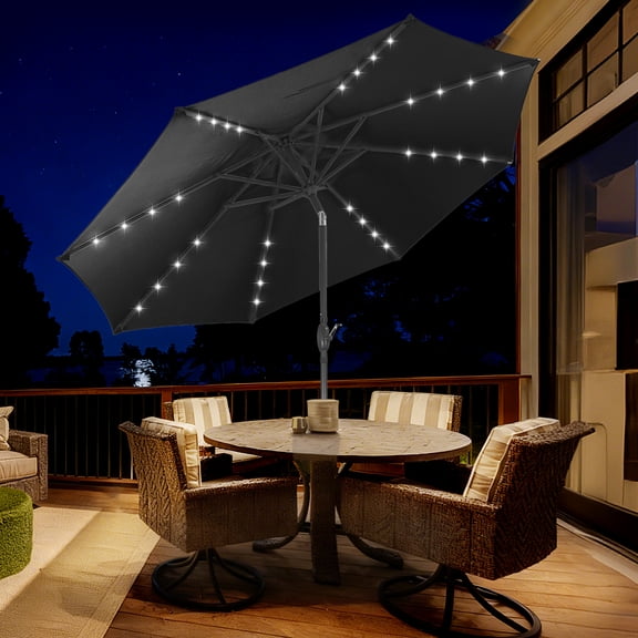 Autlaycil 10ft Patio Umbrellas 32 Solar LED Lights Outdoor Market Umbrella with Tilt Crank, Solar Umnrella - Black