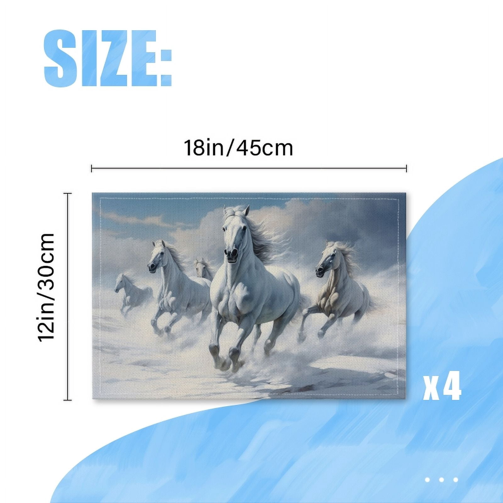 Bahomeck Placemats Set Of 4 Rectangle Linen Cotton Placemats For Dining Table Fade Resistance Washable Heat Resistant，18*12Inch,Group Of White Horses Galloping In The Snow