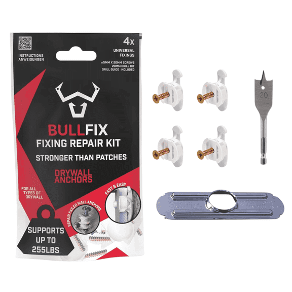 Bullfix Drywall Hole Repair Kit, Anchors, Screws, Drill Bit, Metal, Supports up to 255 lbs, 4 pack