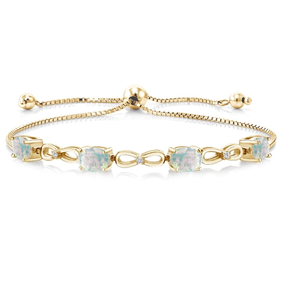 Gem Stone King 4.02 Ct Oval Cabochon White Simulated Opal E-F Lab Grown Diamond 18K Yellow Gold Plated Silver Bracelet for Women