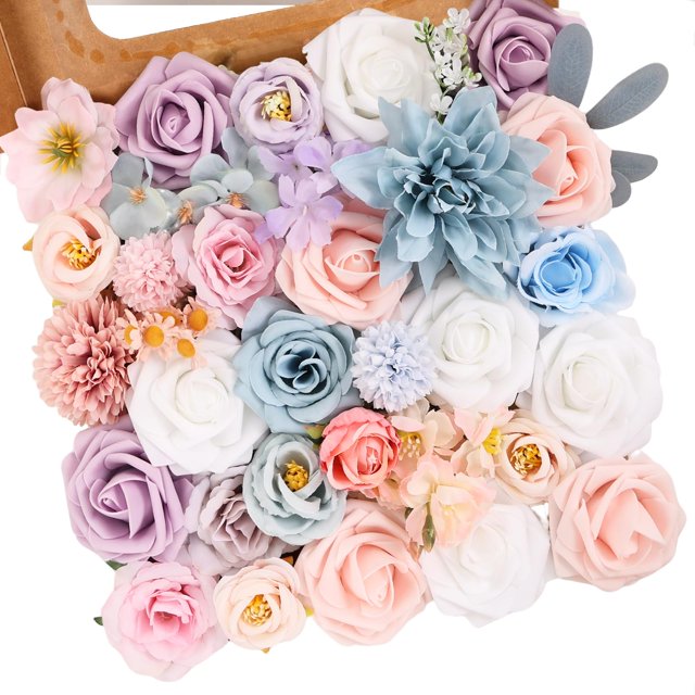 Caja combinada de flores artificiales Luckinds, azul empolvado, rosas, para mesas de bricolaje, centros de mesa, baby shower, despedida de soltera, ramo de boda, decoración de fiesta