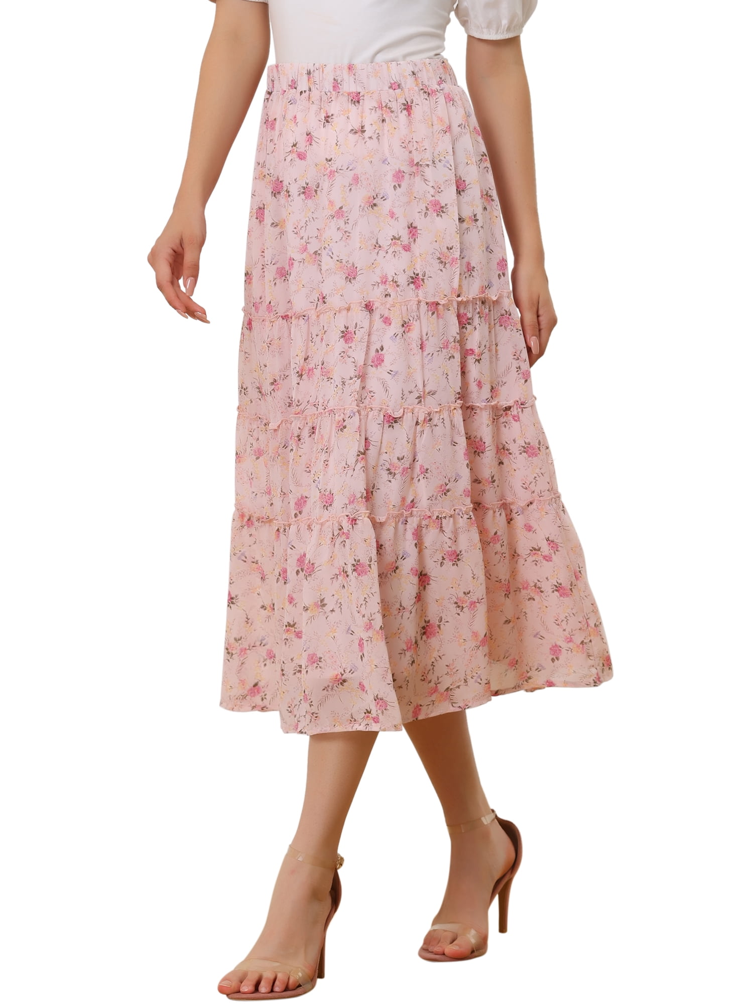DARING DIVA Women's Chiffon Tiered A-Line Maxi Skirt XL Pink