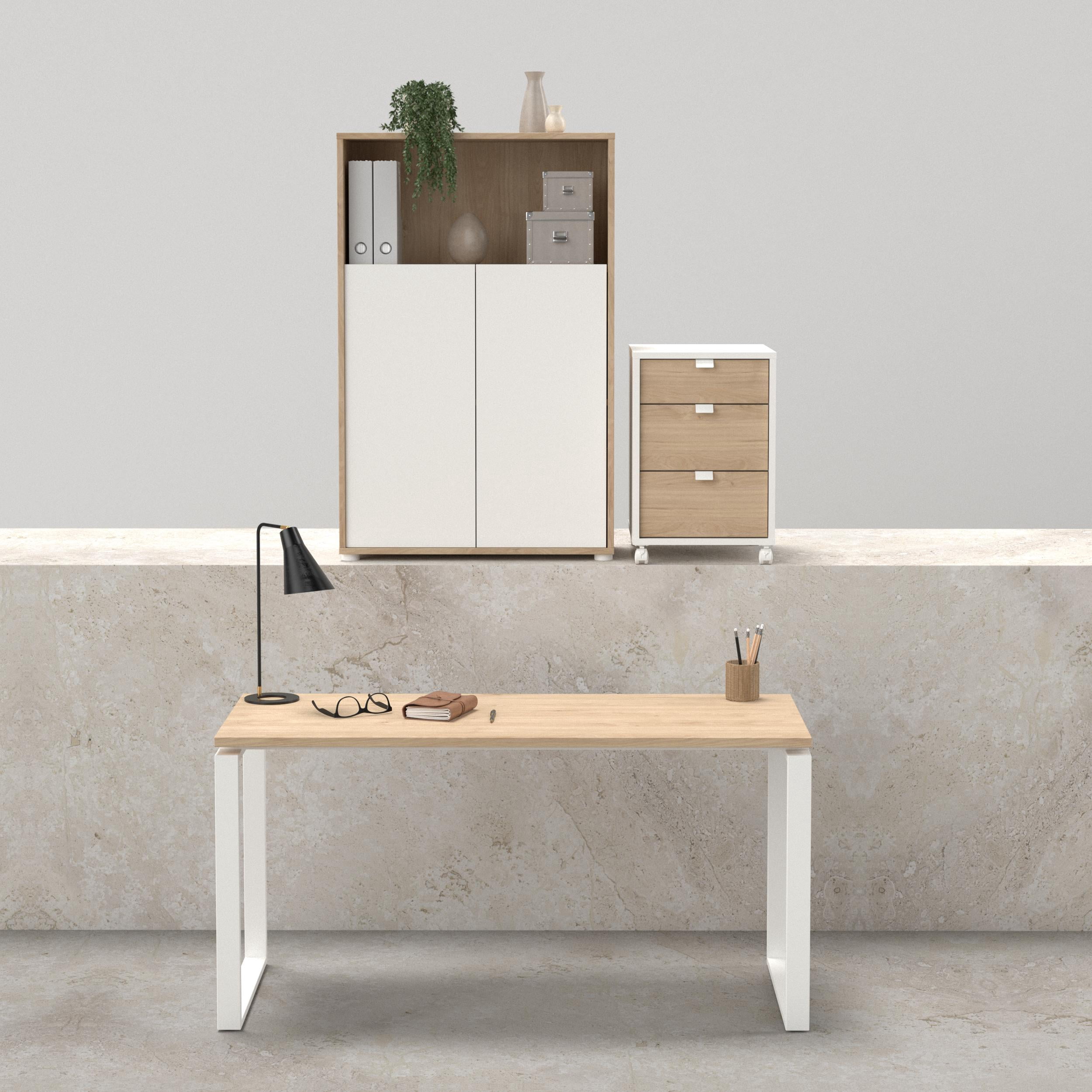 Tvilum Sign 3-Piece Home Office Set with Desk, Storage Bookcase and Mobile Storage, Jackson Hickory and White