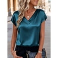 thumbnail image 2 of Deago Women Silk Satin Tops Cap Short Sleeve Blouse Summer V Neck Work Shirts Business Casual Dressy Outfits (Green, L), 2 of 9