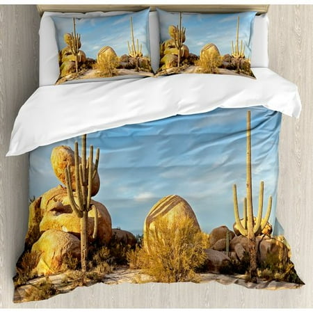 Bouldering Set - Ambesonne Cactus Desert Scenery Saguaros and Boulders Catching Day's Last Sunbeams Duvet Cover Set