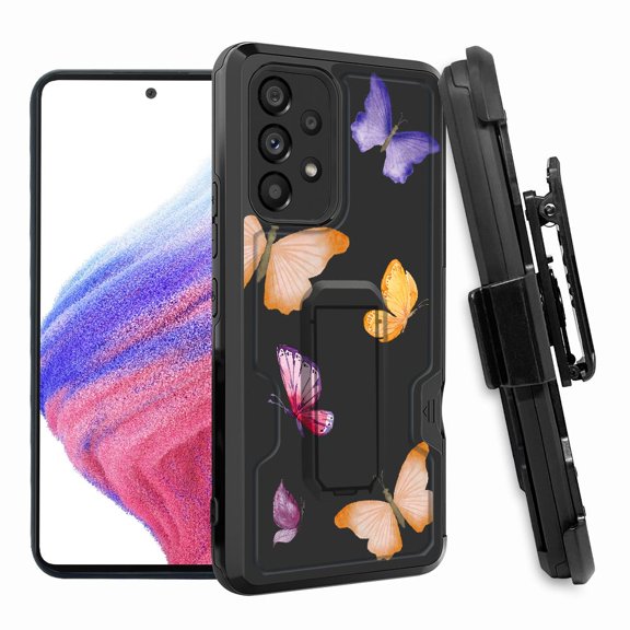 ANJ  Rugged Shockproof Hoster Case w/Card Slot, Kickstand   Tempered Glass Cover for Samsung Galaxy A33 5G - Butterfly Fantasy