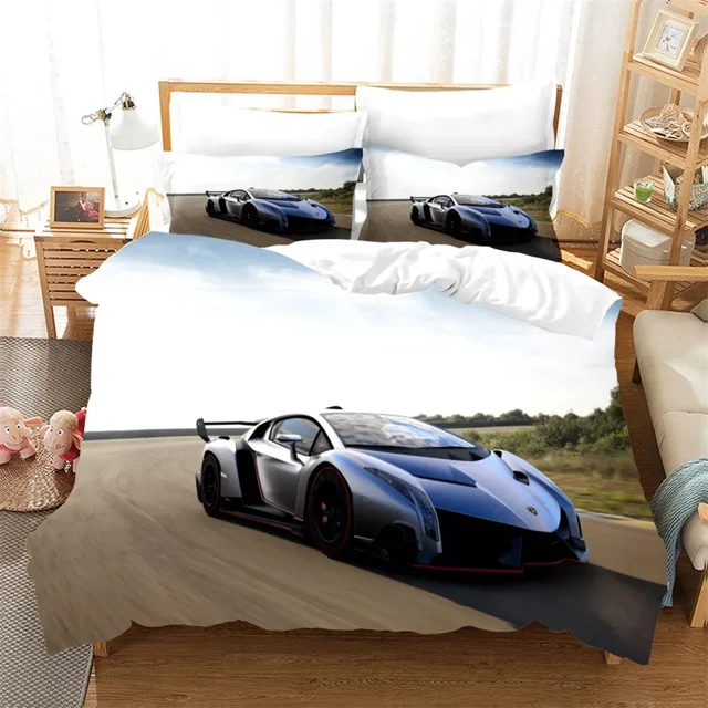 Cars Vehicles Bedding 3 Piece Boys Bedroom Decor Quilt Cover Pillowcase Cars Racing Print Bed Linen Set King Queen for Adults