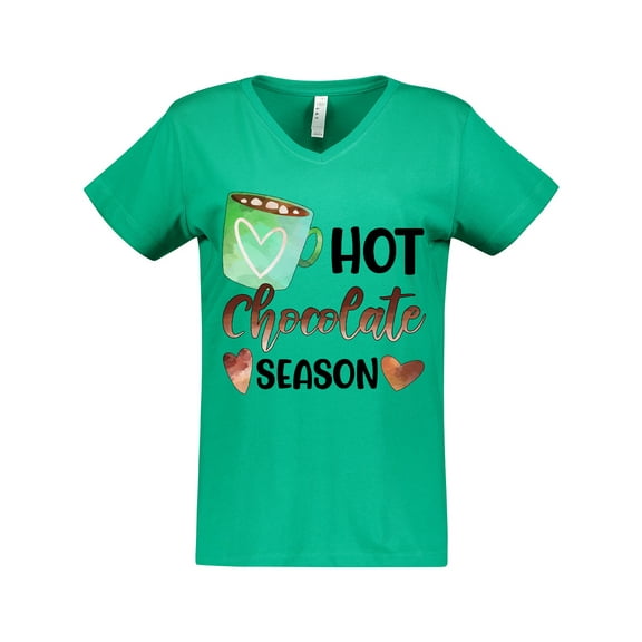 Inktastic Hot Chocolate Season with Green Mug and Hearts Women's V-Neck T-Shirt