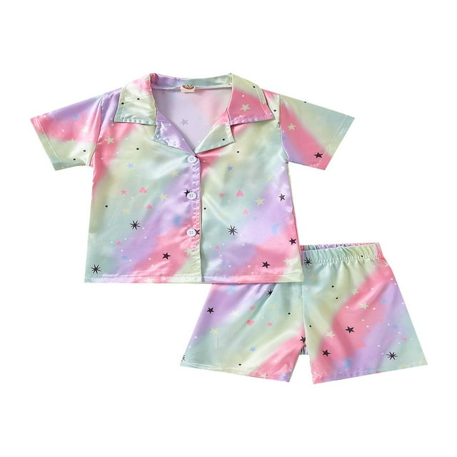 Kids 2PCS Pajamas Outfits Red/Cow Pattern Print/Colorful Short Sleeve Tops + Elastic Waist Shorts Boys Girls Sleepwear Set Colorful 2-3 Years