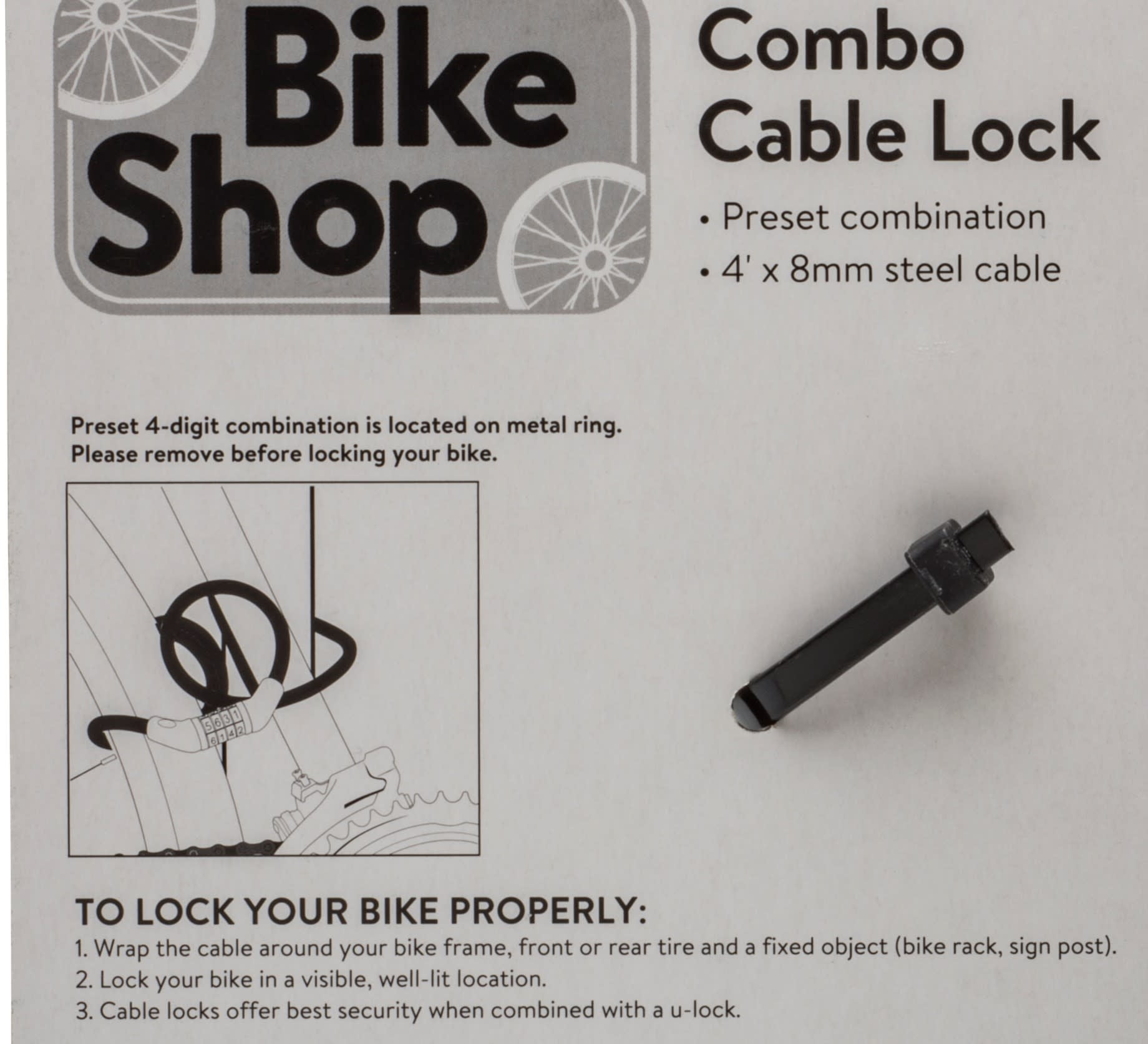 Bike Shop 4ft x 8mm Combo Cable Bike Lock