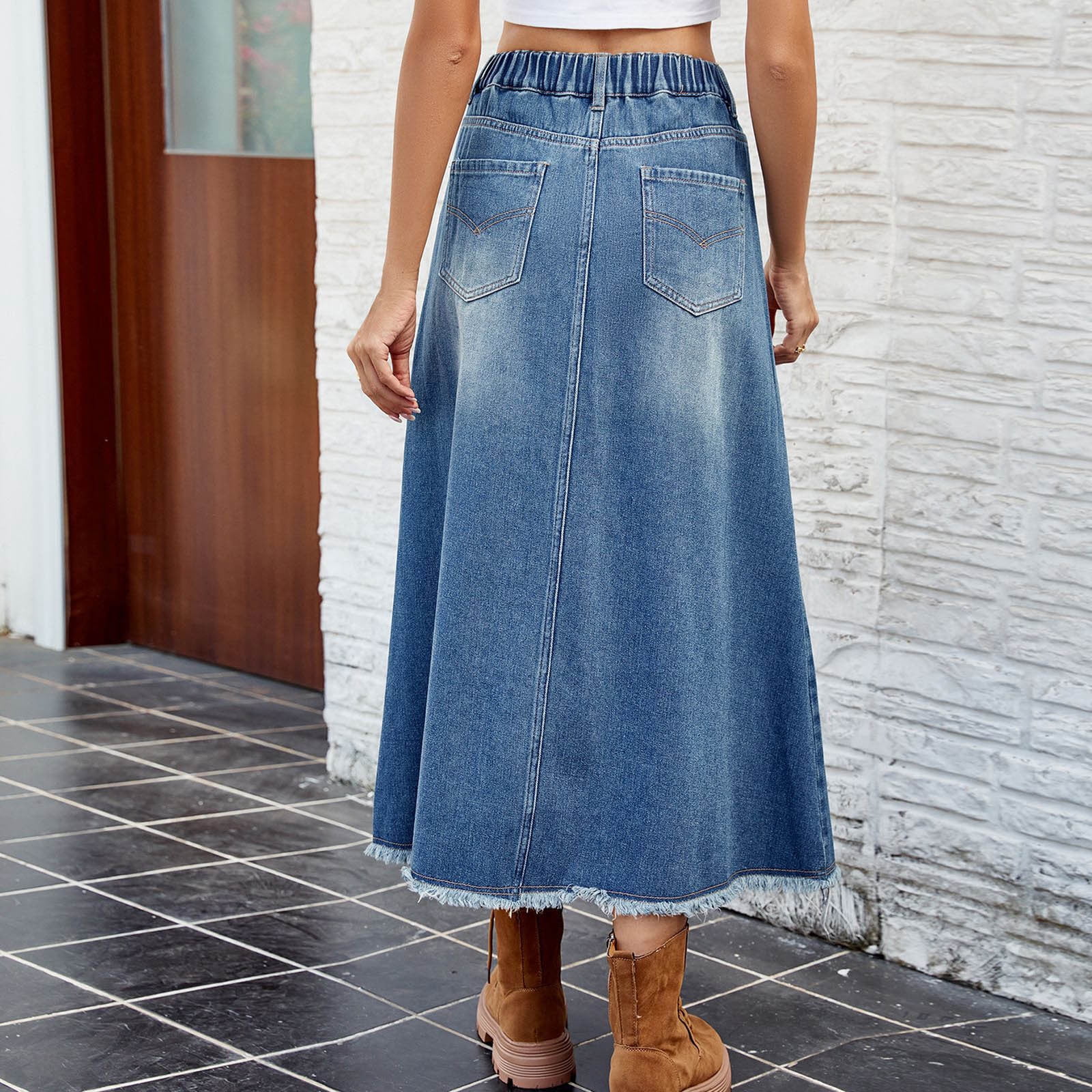 Cavosen Womens Skirts Knee Length Denim Midi Calf Length Jean Skirts Fray Hem Workwear Plain Summer Skirts Dress Button Zipper with Pocket Athletic Beachwear Resortwear Blue M
