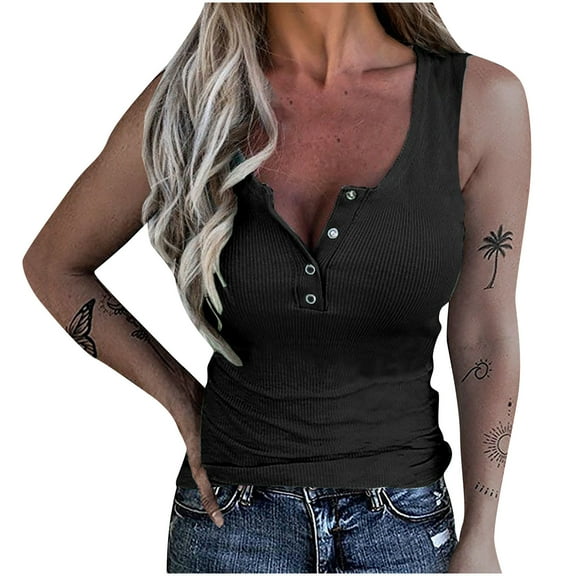 Kakina CMSX Tank Tops for Women Clearance Women Summer Casual Tanks Sleeveless Buttons Slimming Solid Pullover Vest Blouse Tops Deals