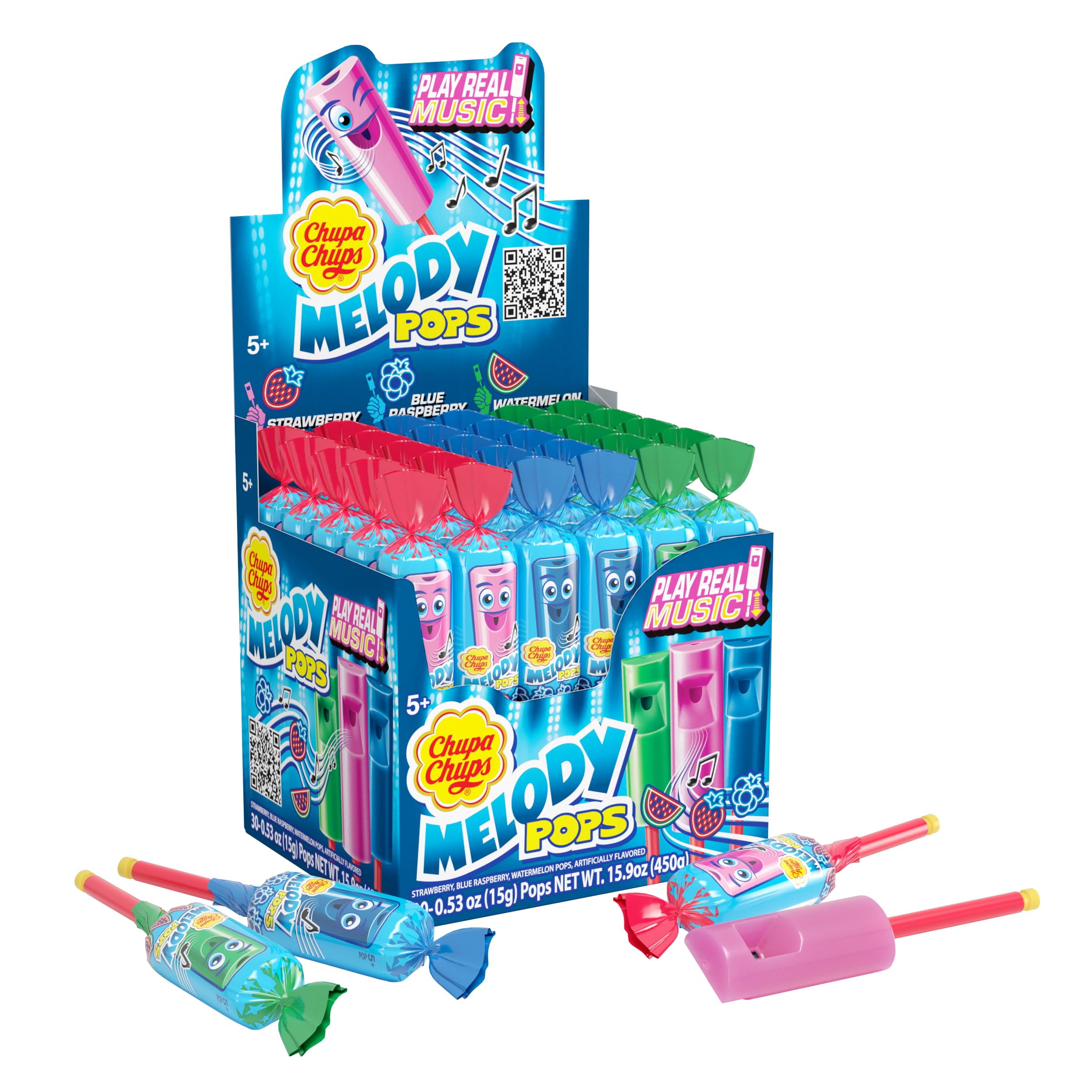 Chupa Chups Melody Pop, CCF19 Assorted Flavors, Whistle Lollipops, Individually Wrapped Candy, 30 Count Showbox Case