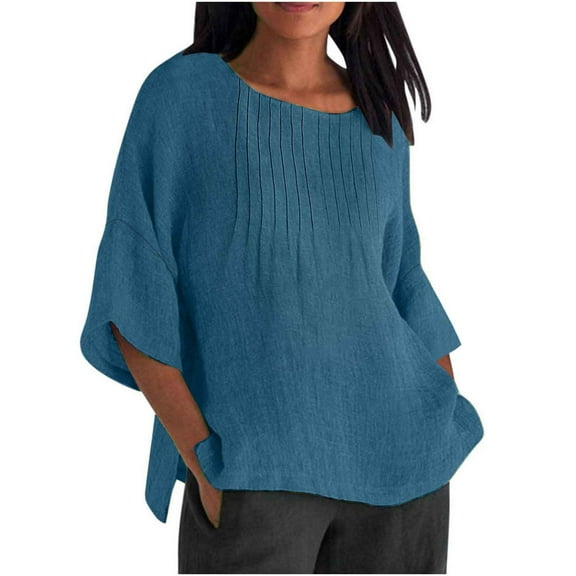 Wyobmus Plus Size Linen Tops for Women 2025 Summer Trendy 3/4 Sleeve Pleated T-Shirt Casual Crewneck Shirt Comfy Loose Fit Work Blouse Clothes S-5X A-Blue