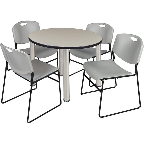 Homestock Island Interiors 36" Round Lounge Table Maple/ Chrome With 4 Nesting Chairs, Grey - Ergonomic Breakroom Furniture Set For Staff Break Room, Tables & Chair, Breakroom Set