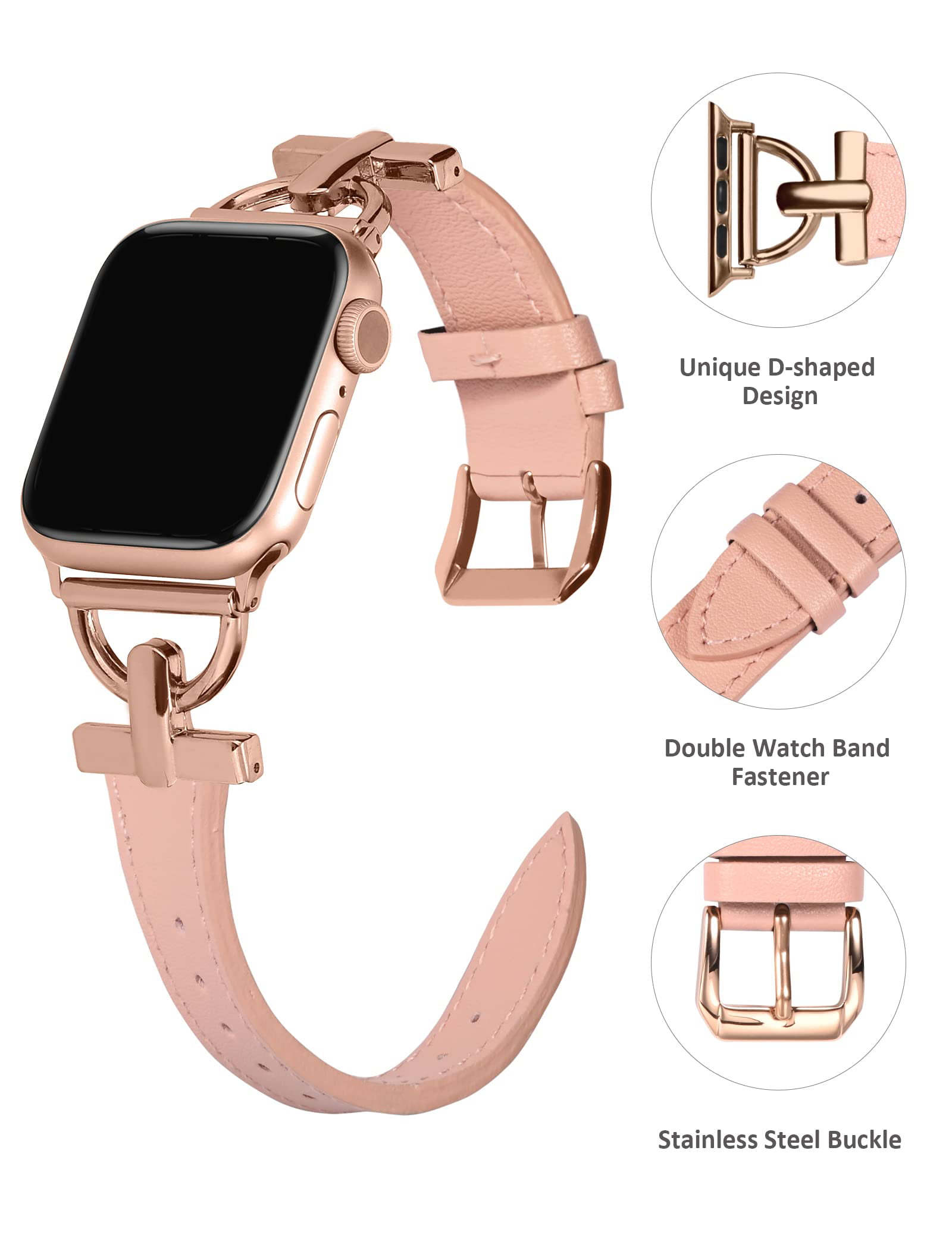 Osber Leather Band Compatible with Apple Watch Women 38mm 40mm 41mm, Genuine Leather Strap with D-Shape Rose Gold Metal Buckle for iWatch Series 9 8