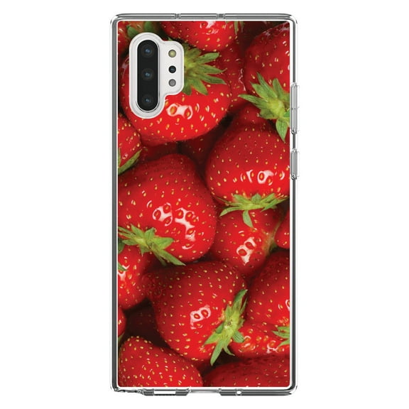 DistinctInk Clear Shockproof Hybrid Case for Galaxy Note 10 PLUS (6.8" Screen) - TPU Bumper, Acrylic Back, Tempered Glass Screen Protector - Bright Red Strawberries