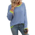 thumbnail image 2 of Womens Sweaters Long Sleeve Crew Neck Color Block Striped Casual Knitted Pullover Tops Blue S, 2 of 8