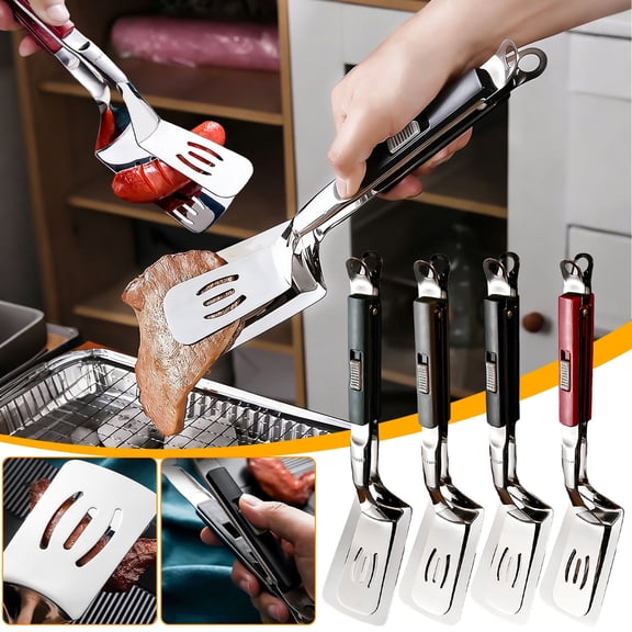 Kitchen 2-in-1 Stainless Steel Fish Spatula/Clip - Multi-Functional Flipping Tool for Steak/Vegetables, Durable Stainless Steel Turner with Strong Grip, Ideal for Grilling/Frying, 11*3in, Gray