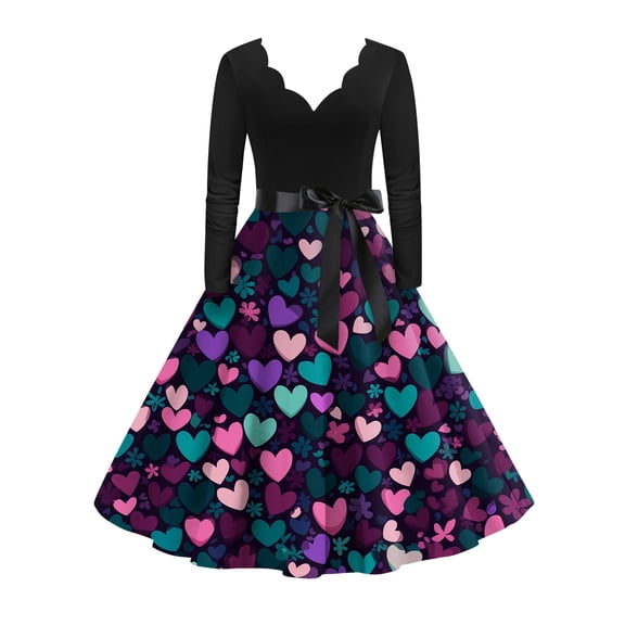 Fgvctg Valentine'S Day A Line Dresses For Women Cocktail Dress 1950S Cute Heart Print V Neck Dresses Vintage Date Night Romantic Long Sleeve Clothing Casual Outfits Dark Purple 2XL