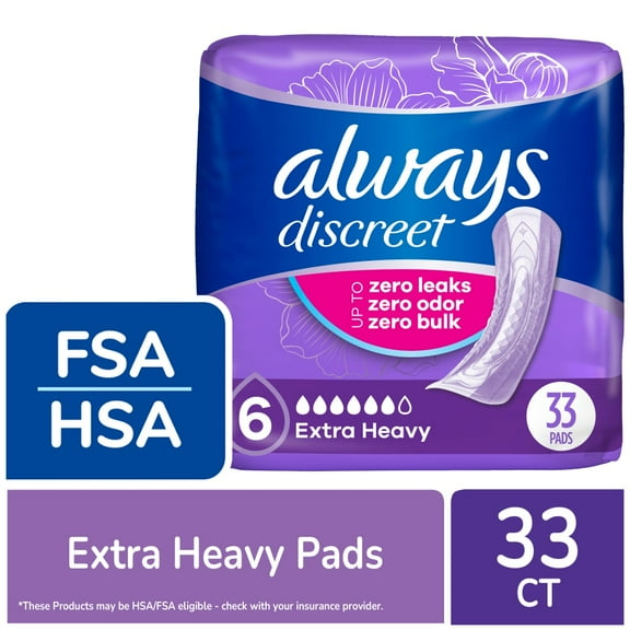Always Discreet Adult Incontinence Pads for Women Extra Heavy Absorbency Regular Length, 33 count (Package May Vary)
