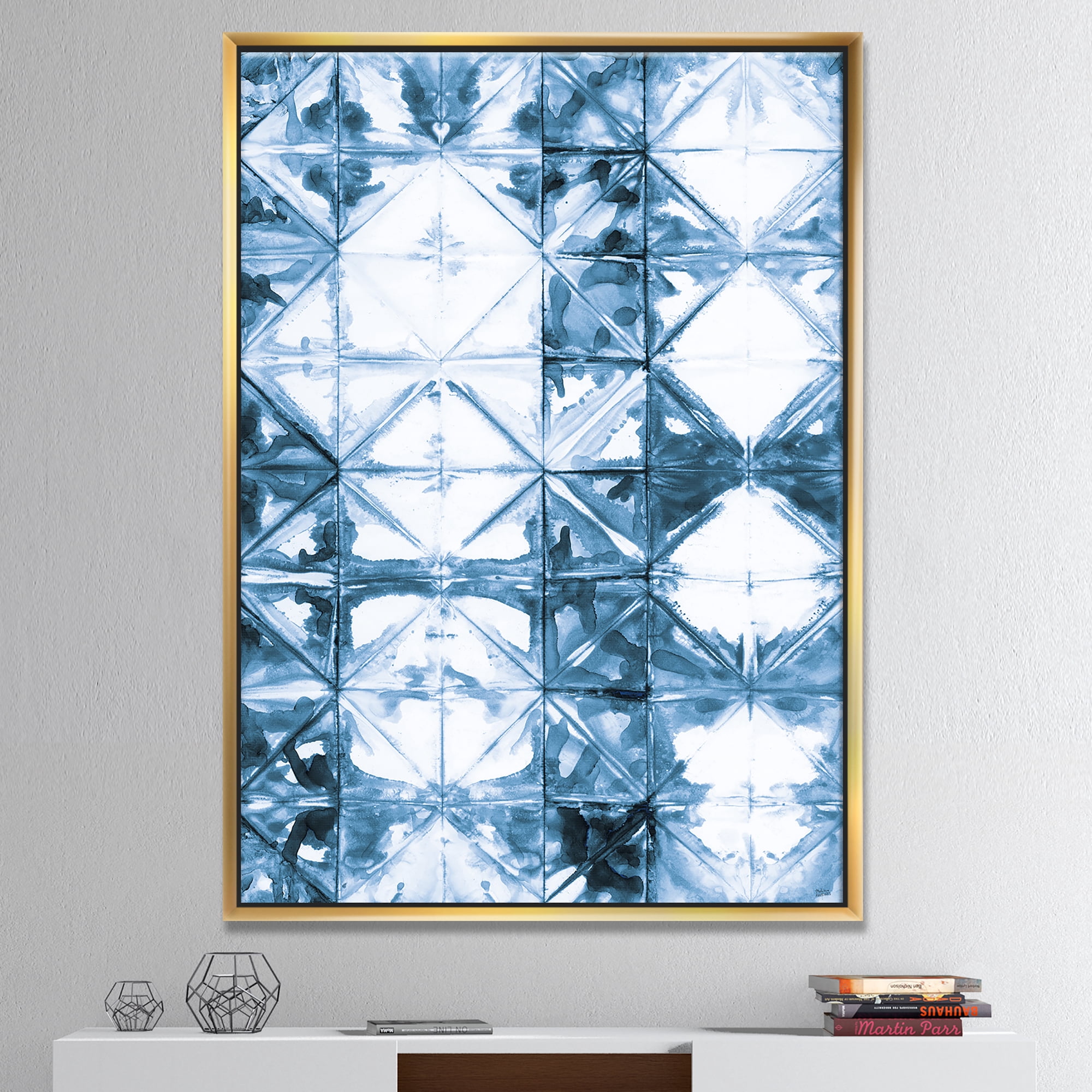 Designart ' Indigo watercolor geometrical I ' Contemporary Framed Canvas