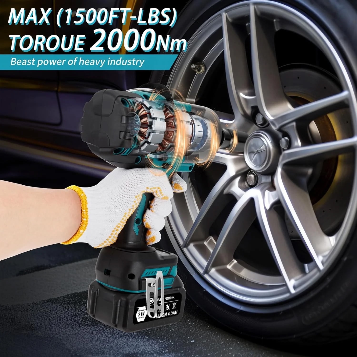 2000Nm(1500ft-lbs) Cordless Impact Wrench,3/4 inch High Torque Brushless Impact Gun, 5500RPM Power Batt ery Impact Wrench w/ 2 x 4.0Ah Bat tery, Fast Charger for Heavy Duty Truck Mower