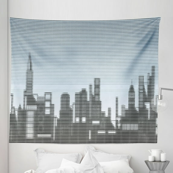 Digital Tapestry, City Skyline with Futuristic Computer Art Effects and Dot Generic Illustration, Fabric Wall Hanging Decor for Bedroom Living Room Dorm, 5 Sizes, Pale Blue Black, by Ambesonne