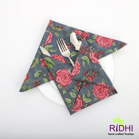 

Mink Grey Brick Pink Pear Green Indian Floral Hand Block Printed Pure Cotton Cloth Napkins 9x9 - Cocktail Napkin 20x20 - Dinner Napkins