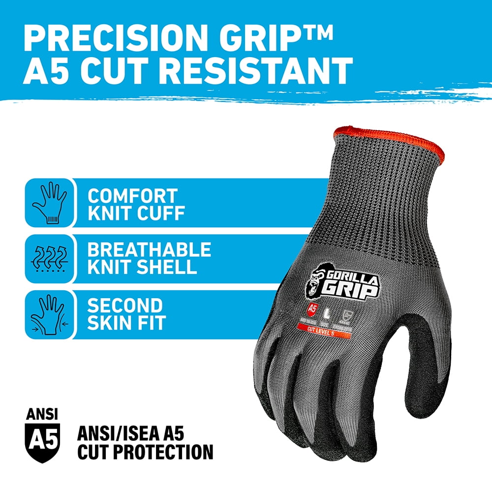 Gorilla Grip Work Glove, ANSI A5 Cut Resistant Nitrile Coated Men's Gloves, Superior Grip in Wet Conditions, Touchscreen, Gray, Large, 1 Pair