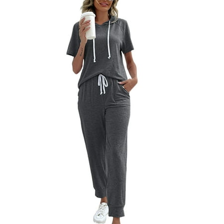 

Haite Women Hooded Short Sleeve Two Piece Outfit Casual Drawstring Sweatsuits Running Elastic Waisted With Pockets Lounge Sets