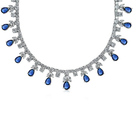 Bling Jewelry Rhodium Plated CZ Pear Simulated Sapphire Bridal Necklace 15 Inches