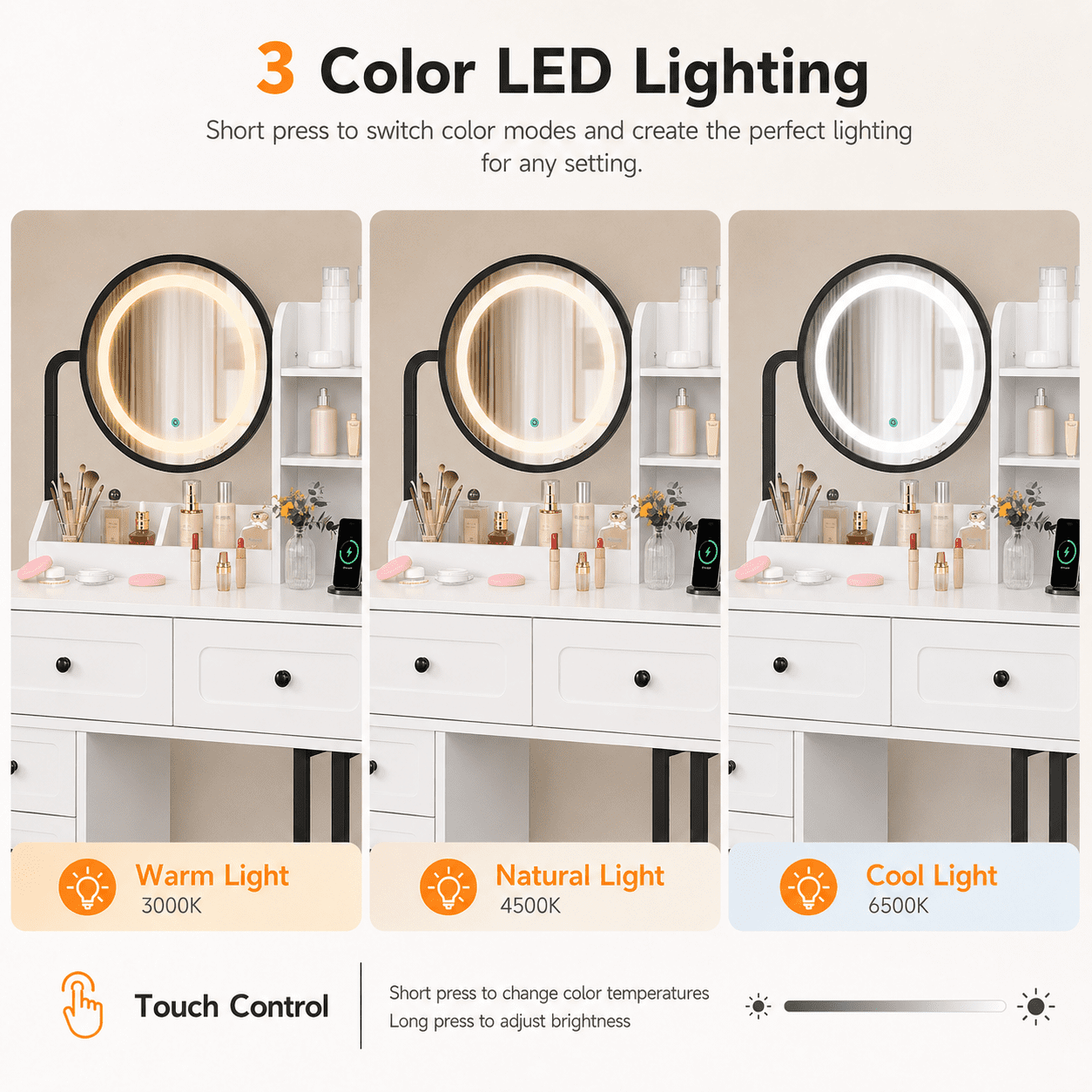Zimtown Vanity Desk with Round Mirror, Makeup Vanity with Adjustable Lights & Large Drawers, Vanity Table for Bedroom Dressing Room, White & Black