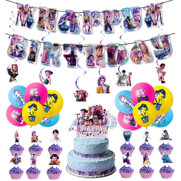 Girls Birthday Party HUNTR Themed Party Celebration Banner Animation Balloons Cute Cake Topper Card Decoration Set