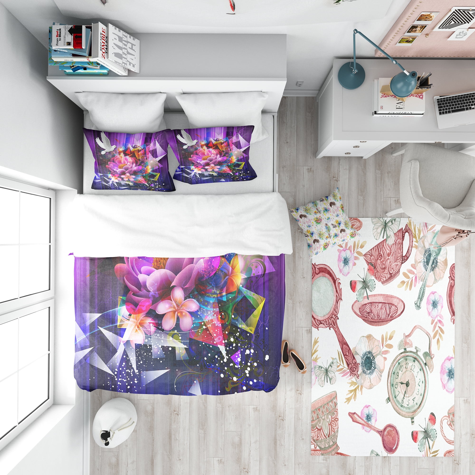 Designart 'Abstract Floral Design with Dove' Modern & Contemporary Duvet Cover Set