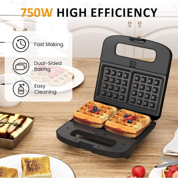 3 in 1 Electric Sandwich Maker with Removable Nonstick Plates, Waffle Iron and Panini Press for Breakfast, Compact for Dorms and Small Kitchens