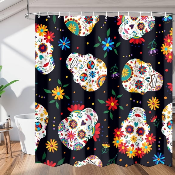 Day of The Dead Mexican Sugar Skull Shower Curtain Fabric Shower Curtain Set with 12 Hooks Waterproof 72 * 72 Inches for Bathroom Beach Caravan Hotel