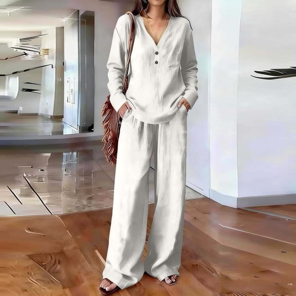 Guieoi Matching Outfits for Women Solid-Color Cotton-Linen Wide-leg Pants Set V-neck Button-down Long-sleeve Loose-fit Top High-waisted Pants Two-Piece Set White M